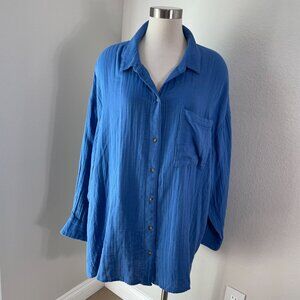 NEW Old Navy Womens Plus‎ 3X Blue Button Up Shirt Cotton Gauzy Relaxed Fit Top